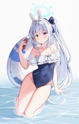  1girl absurdres animal_ears bare_arms bare_legs bare_shoulders black_one-piece_swimsuit blue_archive blue_halo blush breasts casual_one-piece_swimsuit cellphone collarbone covered_navel fake_animal_ears frilled_one-piece_swimsuit frills gluteal_fold grey_hair groin hair_between_eyes halo highres holding holding_phone innertube long_hair miyako_(blue_archive) miyako_(swimsuit)_(blue_archive) off-shoulder_one-piece_swimsuit off_shoulder official_alternate_costume one-piece_swimsuit open_mouth phone ponytail purple_eyes rabbit_ears small_breasts smartphone sob_(submar1089) solo swim_ring swimsuit water 