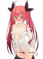 10s 1girl absurdres bad_id bad_pixiv_id blush breasts clothes_pull date_a_live hair_ribbon heihei_de_hei_yan_long highres itsuka_kotori long_hair no_bra open_clothes panties red_eyes red_hair ribbon simple_background skirt skirt_pull small_breasts smile solo twintails underwear white_background rating:Sensitive score:73 user:danbooru