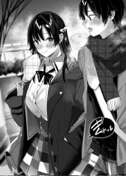  1boy 1girl bag blush bow bowtie breast_pocket breasts cardigan closed_mouth coat collared_shirt commentary_request eye_contact flying_sweatdrops furrowed_brow greyscale hair_bow hand_up highres hitotsuba_kaede kakao_(chocolate_land) large_breasts long_hair looking_at_another looking_to_the_side mittens monochrome novel_illustration official_art open_clothes open_coat open_mouth pants plaid plaid_pants plaid_skirt pocket raised_eyebrows ryoushin_no_shakkin scarf school_bag school_uniform shirt short_hair sideways_glance skirt small_sweatdrop smile steam teeth translation_request wing_collar winter_clothes winter_coat yoshizumi_yuya 