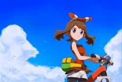  1girl baeming bicycle blue_sky bow brown_hair closed_mouth cloud creatures_(company) fanny_pack game_freak hair_bow highres looking_at_viewer may_(pokemon) nintendo pokemon pokemon_oras red_bow red_shirt shirt shorts sky sleeveless sleeveless_shirt smile solo 