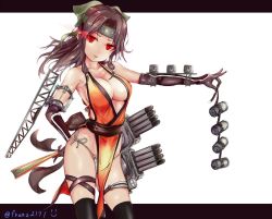 10s 1girl alternate_eye_color artist_name bad_id bad_pixiv_id bare_shoulders black_gloves black_thighhighs breasts brown_hair cleavage contrapposto depth_charge elbow_gloves flaming_eye folding_fan franz_(217franz) fundoshi gloves glowing glowing_eye hand_fan hand_on_own_hip headband japanese_clothes jintsuu_(kancolle) jintsuu_kai_ni_(kancolle) kantai_collection large_breasts letterboxed long_hair obi panties parted_bangs parted_lips pelvic_curtain red_eyes revealing_clothes sash side-tie_panties side_slit simple_background smirk solo standing thigh_strap thighhighs torpedo twitter_username underwear rating:Questionable score:8 user:danbooru