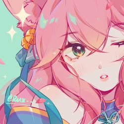  1girl ahri_(league_of_legends) bare_shoulders bell blush bow crossed_bangs green_background green_bow green_eyes hair_bell hair_between_eyes hair_bow hair_ornament highres league_of_legends long_hair one_eye_closed parted_lips pink_hair ruan_chen_yue shiny_skin signature spirit_blossom_ahri teeth  rating:Sensitive score:13 user:danbooru