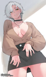  1girl breasts center_opening choker collarbone from_below gluteal_fold highres jewelry jjune looking_to_the_side masturbation masturbation_through_clothes medium_breasts necklace no_bra original short_hair solo white_hair yellow_eyes 