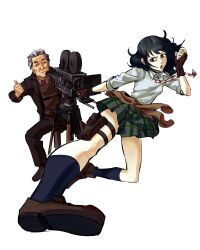  1boy 1girl absurdres betofu black_hair blue_socks brown_eyes clothes_around_waist commentary commission coppelion crossover english_commentary fingerless_gloves flying_kick formal gloves green_skirt grey_hair highres holster kicking kneehighs loafers long_hair miniskirt movie_camera name_connection naruse_ibara naruse_mikio necktie old old_man open_mouth pale_skin pleated_skirt real_life_insert recording red_necktie school_uniform second-party_source shirt shoes simple_background sitting skirt sleeves_rolled_up socks striped_necktie suit thigh_holster thumbs_up vest white_background white_shirt 