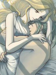  1boy 1girl bed_sheet blonde_hair breasts cleavage closed_eyes commentary_request dress edain_(fire_emblem) fire_emblem fire_emblem:_genealogy_of_the_holy_war green_hair hetero hug long_hair medium_breasts midir_(fire_emblem) nintendo open_mouth partial_commentary sleeping suzu007 topless_male white_dress yellow_eyes 