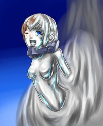 1girl aomatu_spaghe blue_background blue_eyes breasts brown_hair female_focus godzilla:_city_on_the_edge_of_battle godzilla:_planet_of_the_monsters godzilla:_the_planet_eater godzilla_(series) medium_breasts metal metal_breasts metal_girl metal_skin multicolored_background nanometal nude one_eye_closed open_mouth polygon_pictures shiny_skin short_hair solo solo_focus stuck tani_yuko toho transformation transformation wide_hips rating:Questionable score:1 user:Hunterman121