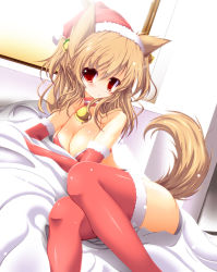  1girl :&lt; absurdres animal_ears bell bikini bikini_top_only blush breasts brown_hair christmas cleavage collar dog_ears dog_tail elbow_gloves gloves hat highres lying medium_breasts neck_bell on_side original rankiryuu red_eyes red_gloves red_thighhighs santa_costume santa_hat short_hair solo swimsuit tail thighhighs  rating:Sensitive score:28 user:MorpheusKiller
