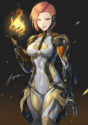  &gt;:) 1girl artist_name bodysuit breasts brown_hair commentary cowboy_shot ember_(warframe) english_commentary fire fire highres humanization looking_at_viewer medium_breasts orange_hair power_suit short_hair simple_background smile solo teeth upper_teeth_only warframe yellow_eyes zxpfer  rating:Sensitive score:27 user:danbooru