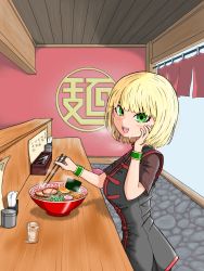  1girl arms_(game) blonde_hair breasts chinese_clothes food green_eyes highres medium_breasts min_min_(arms) noodles open_mouth ramen short_hair solo taro_(peach_taro51)  rating:Sensitive score:11 user:danbooru