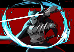  1boy bara belt blue_fire cowboy_shot dated facial_scar fiery_horns fighting_stance fire gakuran glowing_tattoo gorioxxxx holding holding_sword holding_weapon horns hydrokinesis jacket jacket_on_shoulders letterboxed looking_to_the_side male_focus outside_border red_background sakimori_toji scar scar_on_cheek scar_on_face school_uniform shirt short_hair short_sleeves solo sword thick_eyebrows tokyo_houkago_summoners water weapon white_shirt 