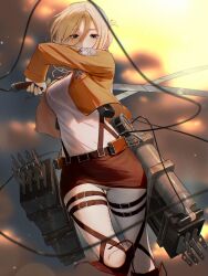  1girl absurdres annie_leonhart belt belt_buckle blue_eyes breasts brown_belt brown_jacket brown_skirt buckle commentary_request dual_wielding highres holding holding_weapon jacket long_sleeves looking_at_viewer medium_breasts open_clothes open_jacket pants paradis_military_uniform sayo_nara_drawing shingeki_no_kyojin short_hair skirt solo thighs three-dimensional_maneuver_gear uniform weapon white_pants 