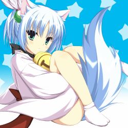 1girl :&lt; animal_ear_fluff animal_ears asagi_nanami back_bow bell between_legs blue_background blue_hair blue_tail blush bow closed_mouth commentary_request eyebrows_hidden_by_hair eyelashes fox_ears fox_girl fox_tail frown green_eyes hair_between_eyes japanese_clothes jingle_bell kimono kneeling_on_liquid knees_together_feet_apart knees_up light_blue_hair long_sleeves looking_at_viewer neck_bell no_shoes parted_bangs red_bow rindou_ruri short_ponytail simple_background sitting solo star_(symbol) tabi tail tail_between_legs tenshinranman v-shaped_eyebrows white_kimono wide_sleeves 