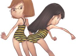  2girls ass black_eyes black_hair brown_hair conoghi dancing disney from_behind ginger_hirano glasses gretchen_(phineas_and_ferb) grin loli long_hair looking_at_viewer looking_back multiple_girls one-piece_swimsuit phineas_and_ferb short_hair smile standing striped_clothes striped_one-piece_swimsuit swimsuit teeth white_background yellow_one-piece_swimsuit 