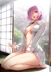 1girl areola_slip bad_id bad_pixiv_id blouse blush bottomless breasts commentary_request day eyes_visible_through_hair fate/grand_order fate_(series) hair_over_one_eye highres indoors lap_pillow_invitation large_breasts light_purple_hair looking_at_viewer mash_kyrielight medium_breasts naked_shirt navel open_clothes open_mouth open_shirt purple_eyes shirt short_hair sitting smile solar_(happymonk) solo thighs white_shirt rating:Questionable score:109 user:danbooru