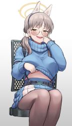  1girl absurdres animal_ears belt_pouch blue_archive blue_skirt blue_sweater blush boots breasts clothes_lift fake_animal_ears glasses grey-framed_eyewear hair_ornament halo highres large_breasts light_brown_hair long_hair looking_at_viewer moe_(blue_archive) okamen open_mouth pantyhose pom_pom_(clothes) pom_pom_hair_ornament pouch rabbit_ears revision round_eyewear sitting skirt smile suspender_skirt suspenders sweater sweater_lift turtleneck turtleneck_sweater twintails two-tone_skirt underboob white_skirt yellow_eyes 