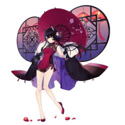  1girl alternate_hairstyle artist_request bare_arms bare_legs bernadette_(final_gear) black_coat black_gloves black_hair blue_hair blue_ribbon braid braided_ponytail breasts bun_cover butterfly_ornament buttons china_dress chinese_clothes cleavage coat collar dress final_gear floral_print_dress floral_print_umbrella flower full_body fur_collar gloves hair_between_eyes hair_ornament hibiscus hibiscus_petals high_heels highres holding holding_clothes holding_coat lantern leg_up multicolored_hair no_socks official_art oil-paper_umbrella open_mouth paper_lantern parasol ponytail red_dress red_flower red_footwear red_petals red_tassel red_umbrella ribbon see-through see-through_cleavage see-through_dress see-through_sleeves short_sleeves side_slit sidelocks simple_background single_braid solo standing standing_on_one_leg tachi-e third-party_source two-tone_hair umbrella white_background white_collar window yellow_eyes 