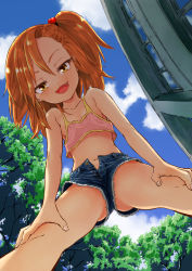  1girl ass bent_over brown_eyes brown_hair building cloud crop_top cutoffs day denim denim_shorts ebisujima_misato fang flat_chest from_below hair_bobbles hair_ornament hands_on_own_thighs highres legs loli long_hair looking_at_viewer looking_down mesugaki midriff naughty_face navel no_panties open_clothes open_mouth open_shorts original outdoors pink_shirt shirt short_shorts shorts side_ponytail sky smile solo spread_legs tank_top tree unbuttoned unzipped upshorts zipper  rating:Questionable score:216 user:danbooru