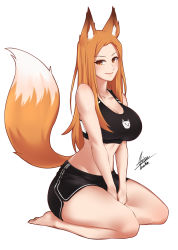 1girl airisubaka animal_ear_fluff animal_ears artist_name bare_arms bare_legs bare_shoulders barefoot between_legs black_bra black_shorts borrowed_character bra breasts collarbone commentary commission english_commentary fox_ears fox_girl fox_tail groin hand_between_legs highres large_breasts long_hair looking_at_viewer midriff orange_eyes orange_hair original seiza short_shorts shorts signature simple_background sitting smile solo sports_bra tail underwear v_arms white_background rating:Sensitive score:39 user:danbooru