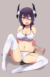 10s 1girl :o bad_id bad_pixiv_id belly_grab bikini blush breasts cleavage disembodied_hand female_focus full_body gomashi_(goma) hair_between_eyes headgear highres kantai_collection large_breasts navel open_mouth purple_hair short_hair simple_background sitting solo swimsuit tankini tenryuu_(kancolle) thighhighs white_bikini white_thighhighs yellow_eyes rating:Sensitive score:18 user:danbooru