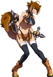  1girl angry animal_ears arc_system_works blazblue blazblue:_continuum_shift boots breasts brown_eyes brown_hair female_focus fingerless_gloves gloves makoto_nanaya official_art simple_background skirt solo squirrel_ears squirrel_tail tail thighhighs tonfa underboob weapon  rating:Questionable score:52 user:nobody117