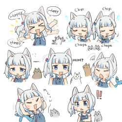 ! !! 1girl absurdres animal_ears blue_eyes blue_hair blunt_bangs cat_ears chibi chipi_chipi_chapa_chapa_(meme) closed_eyes cube_hair_ornament ebi_gohan fins fish_tail gawr_gura gawr_gura_(party_dress) grey_hair hair_ornament happy_happy_happy_cat_(meme) highres hololive hololive_english huh?_cat_(meme) kemonomimi_mode looking_at_viewer meme meme_request multicolored_hair official_alternate_costume open_mouth shark_girl shark_tail side_ponytail sidelocks streaked_hair tail virtual_youtuber  rating:General score:10 user:danbooru