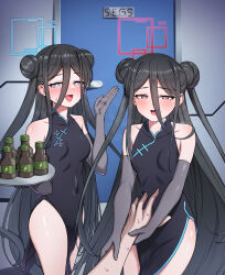  &lt;key&gt;_(blue_archive) 1other 2girls absurdres aris_(blue_archive) blue_archive blue_eyes blush breasts china_dress chinese_clothes double_bun dress elbow_gloves energy_drink english_text gekhuay gloves hair_bun halo highres holding holding_hands holding_tray long_hair looking_at_viewer meme multiple_girls red_eyes seggs_(meme) small_breasts sweat sweatdrop tray 