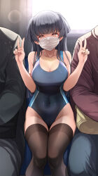  1girl 2boys alternate_costume bare_shoulders black_hair black_thighhighs breasts cameltoe cleavage collarbone competition_swimsuit covered_navel double_v exhibitionism feet_out_of_frame fingernails groin highres idolmaster idolmaster_shiny_colors looking_at_viewer mask mayuzumi_fuyuko medium_breasts mk_(mod0) mouth_mask multiple_boys one-piece_swimsuit out_of_frame public_indecency sitting solo_focus sweatdrop swimsuit thighhighs train_interior v white_mask 