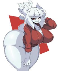  1girl 2020 absurdres animal_ears ass bottomless breasts cleavage covered_erect_nipples eric_lowery furry furry_female goat_ears goat_horns hair_bun half-closed_eyes hand_on_head hand_on_leg helltaker highres horns huge_ass jacket lucifer_(helltaker) mole mole_under_eye ratoncillo red_background red_eyes red_shirt shirt simple_background single_hair_bun solo sssonic2 taut_clothes taut_shirt third-party_edit white_background white_fur white_hair  rating:Questionable score:121 user:Huerma_