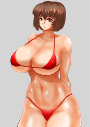  1girl 774ex bikini breasts brown_hair huge_breasts simple_background solo swimsuit 