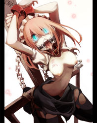  1girl aqua_eyes arched_back arms_up bdsm blood body_writing bondage bound breasts chain collar drooling female_focus gag gagged maid maid_headdress name_tag nipple_piercing nipple_tag nipples nosebleed original pantyhose piercing pink_hair ring_gag rope saliva scared solo takagi_(tansuke) tansuke tears text_focus tongue tongue_out torn_clothes torn_pantyhose translated  rating:Explicit score:154 user:danbooru