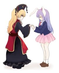  2girls animal_ears blazer blonde_hair chinese_clothes closed_eyes closed_mouth commission highres holding_hands jacket junko_(touhou) light_blush long_hair multiple_girls necktie phoenix_crown pixiv_commission red_necktie red_tabard rei_(tonbo0430) reisen_udongein_inaba shirt shoes socks tabard touhou white_background white_shirt white_socks 