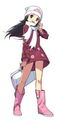  1girl absurdres bag bare_legs beanie black_eyes black_hair boots bracelet bum_hico coat creatures_(company) dawn_(pokemon) duffel_bag flat_chest full_body game_freak hair_ornament hairclip hand_up happy hat highres holding jewelry long_hair long_sleeves matching_hair/eyes nintendo open_mouth pink_footwear poke_ball_symbol poke_ball_theme pokemon pokemon_dppt pokemon_platinum red_coat scarf simple_background smile standing teeth thighs third-party_edit waving white_background white_headwear white_scarf winter_clothes  rating:Sensitive score:10 user:sombra555