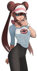  1girl :d absurdres black_pantyhose blue_eyes blush bright_pupils brown_hair clip_studio_paint_(medium) collarbone commentary_request cowboy_shot creatures_(company) double_bun eudetenis eyelashes game_freak hair_bun half-closed_eye hand_on_own_chin hand_up highres long_hair looking_at_viewer nintendo open_mouth pantyhose pokemon pokemon_bw2 raglan_sleeves rosa_(pokemon) shirt simple_background smile solo stroking_own_chin twintails visor_cap white_background white_pupils xtransceiver 