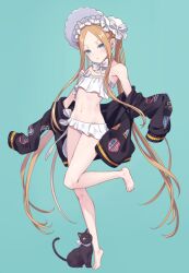  1girl :d abigail_williams_(fate) abigail_williams_(swimsuit_foreigner)_(fate) abigail_williams_(swimsuit_foreigner)_(third_ascension)_(fate) bare_shoulders barefoot bikini blonde_hair blue_background blue_eyes bow cat fate/grand_order fate_(series) flat_chest forehead frilled_bikini frills full_body groin hat hat_bow highres long_hair multiple_hat_bows navel open_mouth pout roku_(saba_kan) simple_background smile solo standing standing_on_one_leg strapless strapless_bikini striped_bow swimsuit twintails very_long_hair white_bikini white_bow white_hat 