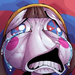  1girl :/ hat highres jester jester_cap loyal_cloud multicolored_eyes open_mouth pomni_(the_amazing_digital_circus) sad short_hair simple_background teardrop tears the_amazing_digital_circus upper_body wavy_mouth 