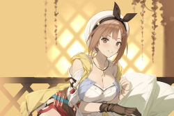  1girl absurdres atelier_(series) atelier_ryza atelier_ryza_1 bare_shoulders beret black_ribbon blush breasts brown_eyes brown_gloves brown_hair camisole cleavage collarbone detached_sleeves gloves grin hair_ornament hairclip hat highres jewelry large_breasts looking_at_viewer necklace red_shorts reisalin_stout ribbon short_hair short_shorts shorts single_glove smile solo star_(symbol) star_necklace vest white_camisole white_hat yellow_vest yykuaixian 