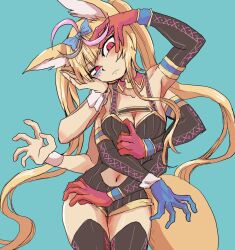  1girl adapted_costume animal_ears antenna_hair armpits bare_shoulders black_leotard black_thighhighs blonde_hair blue_background blue_bow blue_gloves blush bow breasts chimera_(vocaloid) cleavage closed_mouth clothing_cutout commentary_request contrapposto cowboy_shot crossed_arms detached_collar detached_sleeves extra_arms facial_mark fox_ears fox_girl fox_tail frown gloves hair_bow hand_on_own_cheek hand_on_own_face hand_over_eye head_tilt highres hololive legs_together leotard leotard_pull long_hair looking_at_viewer medium_breasts multicolored_hair navel omaru_polka peeking_through_fingers red_eyes red_gloves simple_background sleeve_cuffs solo spaghetti_strap standing stomach_cutout streaked_hair suzurino tail thighhighs twintails uneven_eyes very_long_hair virtual_youtuber vocaloid wrist_cuffs 
