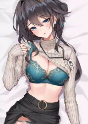  1girl aqua_bra aqua_eyes bed_sheet black_hair black_skirt blush bra breasts cleavage clothes_lift commentary_request grey_sweater head_tilt honkai:_star_rail honkai_(series) lifted_by_self long_hair long_sleeves looking_at_viewer lying matrix16 midriff on_back parted_lips ribbed_sweater ruan_mei_(honkai:_star_rail) skirt sleeves_past_wrists solo sweater sweater_lift turtleneck turtleneck_sweater underwear upper_body 