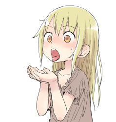 1girl andoryu_(savile_row_17_banchi) blonde_hair blush collarbone cupping_hands facing_viewer female_focus fingernails loli long_hair open_mouth original own_hands_together saliva sexually_suggestive simple_background solo sweat teeth tongue tongue_out torn_clothes upper_body upper_teeth_only white_background yellow_eyes rating:Questionable score:24 user:Dweenie