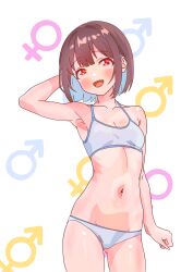  1girl :d arm_behind_head arm_up armpits bare_arms bare_shoulders blue_hair blunt_bangs blunt_ends blush bra breasts brown_hair collarbone colored_inner_hair commentary cowboy_shot gluteal_fold groin hair_between_eyes hozuki_momiji male-female_symbol mars_symbol multicolored_hair navel onii-chan_wa_oshimai! open_mouth pa_panahana panties red_eyes short_hair simple_background small_breasts smile solo stomach training_bra two-tone_hair underwear underwear_only venus_symbol white_background white_bra white_panties 