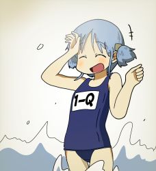  1girl blue_hair flat_chest happy highres iwestcityi laughing naganohara_mio nichijou one-piece_swimsuit school_swimsuit short_twintails swimsuit twintails water  rating:Safe score:5 user:Xalrun