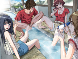  1boy 3girls bare_shoulders barefoot belt blush bottomless breasts brown_hair camera_phone cellphone censored character_request cleavage clothed_female_nude_male cooperative_footjob crying crying_with_eyes_open erection feet femdom footjob hetero kimi_no_chin_chin_shamerasete_konyoku_onsen_hen koube_an legs long_hair midriff_peek miniskirt mixed-sex_bathing mountain multiple_girls nude on_floor onsen open_mouth original penis phone photographic_proof red_shirt s-soft setsugen shared_bathing shigezu_edo shirt short_hair shorts sitting skirt smartphone smile soaking_feet spread_legs squatting steam t-shirt tears testicles v water 