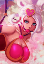 1girl ball_gag bdsm blue_eyes bondage bound breasts cleavage dress gag gagged hanging_breasts heart highres large_breasts league_of_legends looking_at_viewer out_of_frame patreon pink_lips restrained saliva solo sona_(league_of_legends) white_hair  rating:Questionable score:39 user:report_yasuo_4_feed