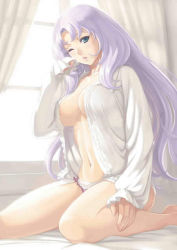  10s 1girl annelotte bed blue_eyes breasts eiwa female_focus large_breasts long_hair looking_at_viewer morning open_clothes open_shirt panties pink_panties queen&#039;s_blade queen&#039;s_blade_rebellion shirt sitting sleepy underwear window  rating:Questionable score:55 user:arutos
