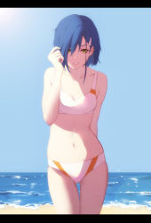  10s 1girl :d absurdres beach bikini blonde_hair blue_sky breasts collarbone darling_in_the_franxx day eyelashes gluteal_fold green_eyes half-closed_eyes hand_in_own_hair highres ichigo_(darling_in_the_franxx) letterboxed midriff navel ocean open_mouth outdoors short_hair sky small_breasts smile standing swimsuit teeth white_bikini yurix  rating:Sensitive score:30 user:danbooru