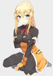 10s 1girl bad_id bad_pixiv_id between_legs blonde_hair blue_eyes blush bodysuit bow breast_hold breasts breath collarbone darkness_(konosuba) eyebrows full_body gloves grey_background hair_between_eyes hair_ornament hairclip hand_between_legs hand_on_own_arm highres kono_subarashii_sekai_ni_shukufuku_wo! large_breasts long_hair looking_to_the_side omochi_no_kimochi parted_lips ponytail red_bow red_ribbon ribbon see-through simple_background sitting skirt solo torn_clothes wariza wrist_cuffs x_hair_ornament rating:Questionable score:18 user:danbooru