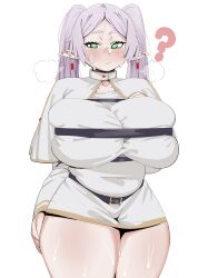  1girl ? alternate_breast_size blush breasts bursting_breasts cowboy_shot dress elf eyelashes female_focus frieren green_eyes jourjii large_breasts looking_at_viewer pale_skin pointy_ears solo sousou_no_frieren standing sweat thick_thighs thighs twintails white_background white_dress white_hair 