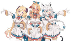  3girls :d ahoge animal_ear_fluff animal_ear_piercing animal_ears aqua_eyes bakatare_(hololive) blonde_hair bow bow_skirt bowtie braid braided_ponytail breasts cleavage cleavage_cutout clothing_cutout commentary_request cosplay criss-cross_halter cutout_above_navel dark-skinned_female dark_skin detached_collar detached_sleeves double-parted_bangs elf flower fox_ears fox_girl fox_tail garter_straps gloves grin hair_between_eyes hair_bow hair_flower hair_ornament hair_ribbon hairclip half_gloves halter_shirt halterneck high_ponytail highres hololive horns knees_out_of_frame large_breasts long_hair looking_at_viewer low_ponytail medium_breasts miniskirt multicolored_hair multiple_girls open_hands open_mouth outstretched_arms pleated_skirt pointy_ears purple_eyes reaching reaching_towards_viewer red_bow red_bowtie red_eyes ribbon sheep_ears sheep_girl sheep_horns shirakami_fubuki shiranui_flare shiranui_flare_(1st_costume) shiranui_flare_(cosplay) shirt side_braid sidelocks simple_background skirt skirt_set smile standing streaked_hair tail thighhighs tsunomaki_watame twitter_username v-shaped_eyebrows very_long_hair vinhnyu virtual_youtuber white_background white_garter_straps white_gloves white_hair white_shirt white_skirt white_sleeves white_thighhighs wide_sleeves 