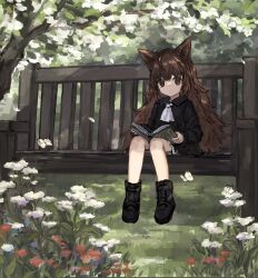  1girl absurdres ahoge animal_ears ascot bench black_footwear black_shirt book boots brown_eyes brown_hair bug butterfly flower grass highres holding holding_book insect long_hair long_sleeves messy_hair original outdoors rokojii scenery shirt skirt solo tree very_long_hair white_ascot white_skirt 