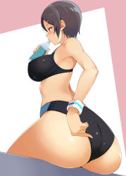  1girl absurdres ass astroguy2 bare_shoulders black_hair blue_eyes blush breasts from_behind highres huge_ass large_breasts original parted_bangs shiny_clothes shiny_skin short_hair short_shorts shorts sideboob simple_background sitting solo sports_bra thighs 